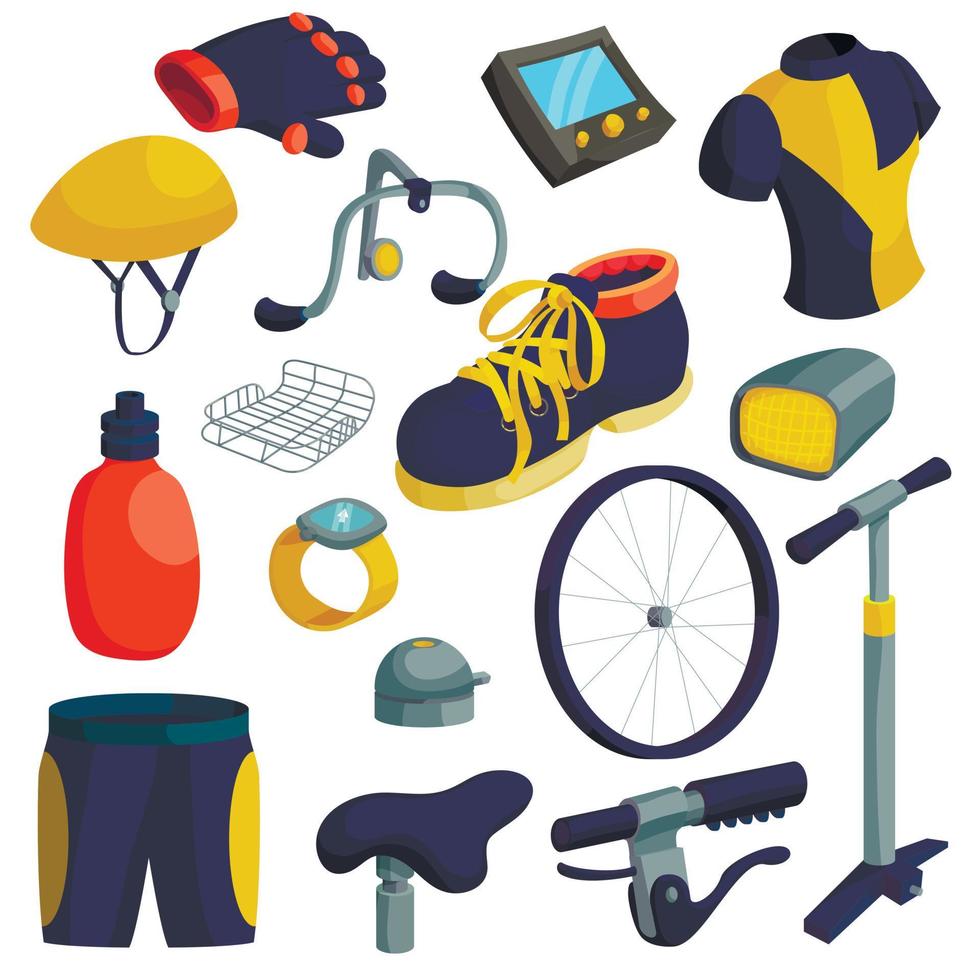 Bike items icons set, cartoon style vector