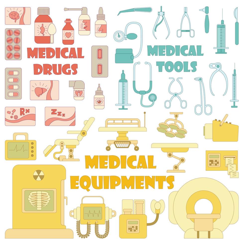 Conjunto de iconos de equipo de herramientas médicas, estilo de dibujos animados vector