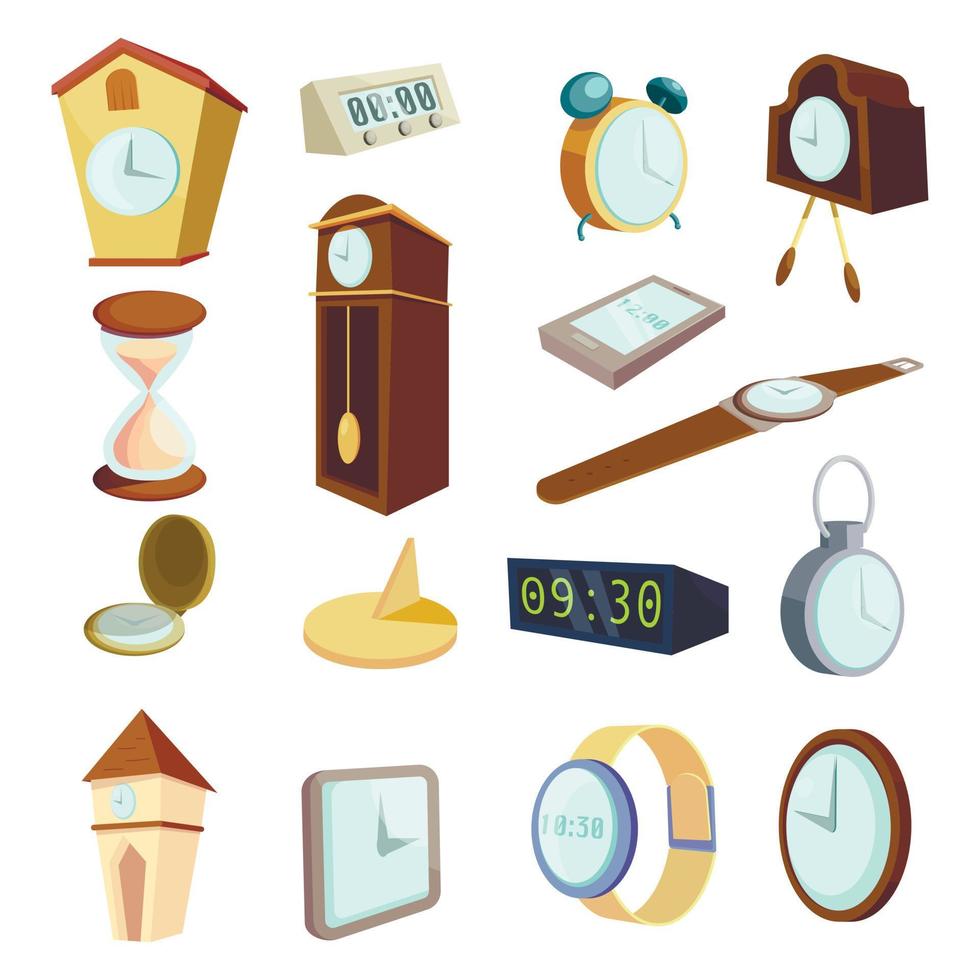 Different clocks icons set, cartoon style vector