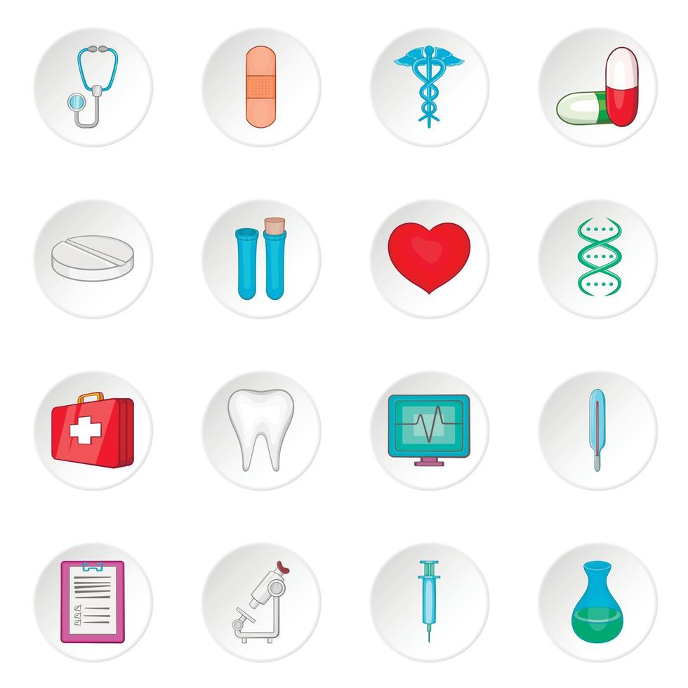 Medicine icons set, cartoon style vector
