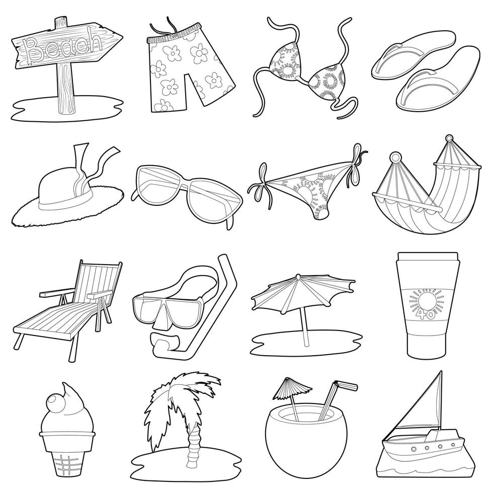 Sea rest icons set, cartoon outline style vector