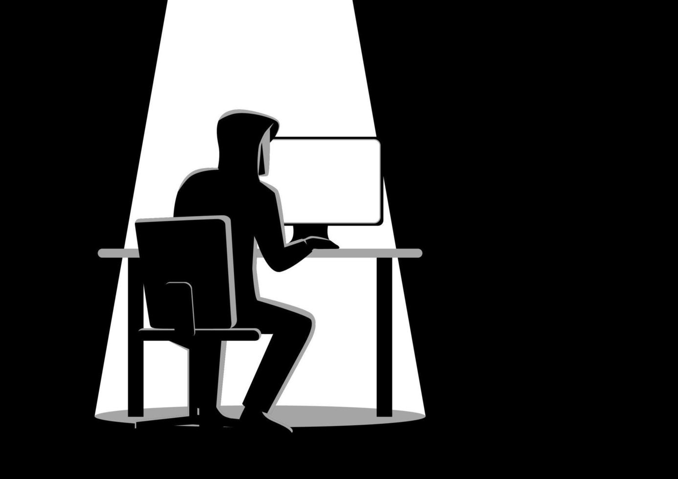 Black and white illustration of a hacker vector