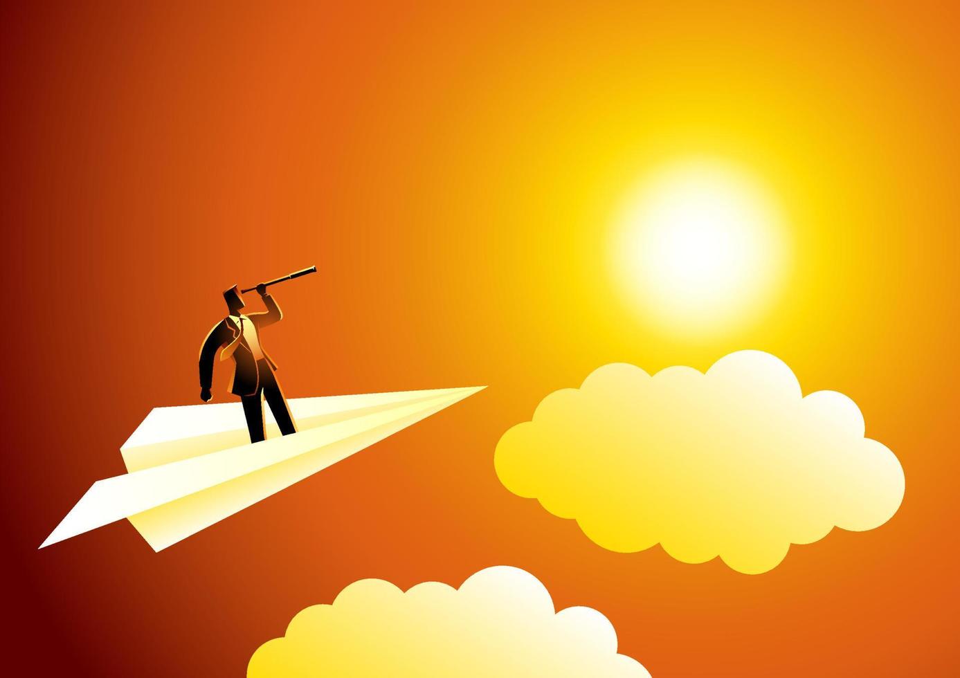 Businessman using telescope on paper plane vector