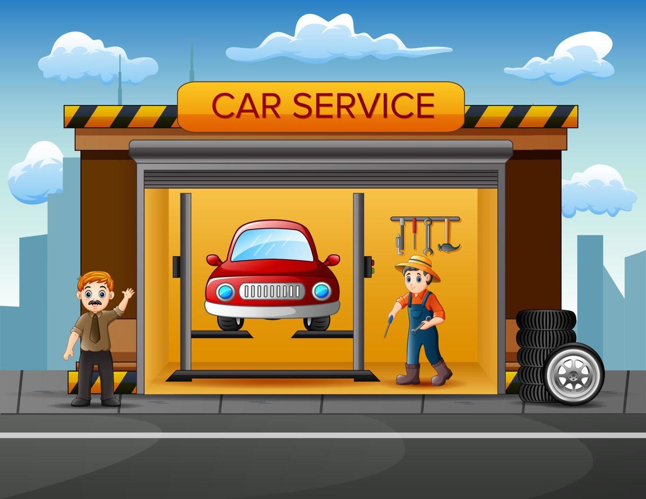 Cartoon workshop with mechanic crew repairing a car vector