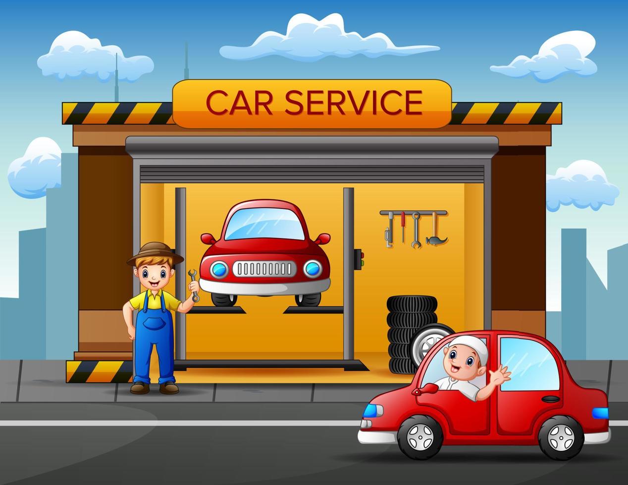 Auto repair shop service workers fixing car vector