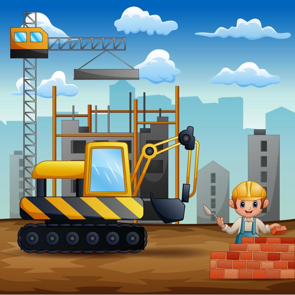 ilustración de trabajadores de la construcción en un sitio de construcción vector