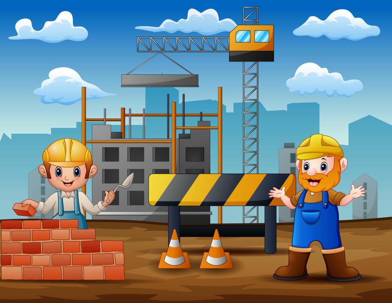 ilustración de trabajadores de la construcción en un sitio de construcción vector