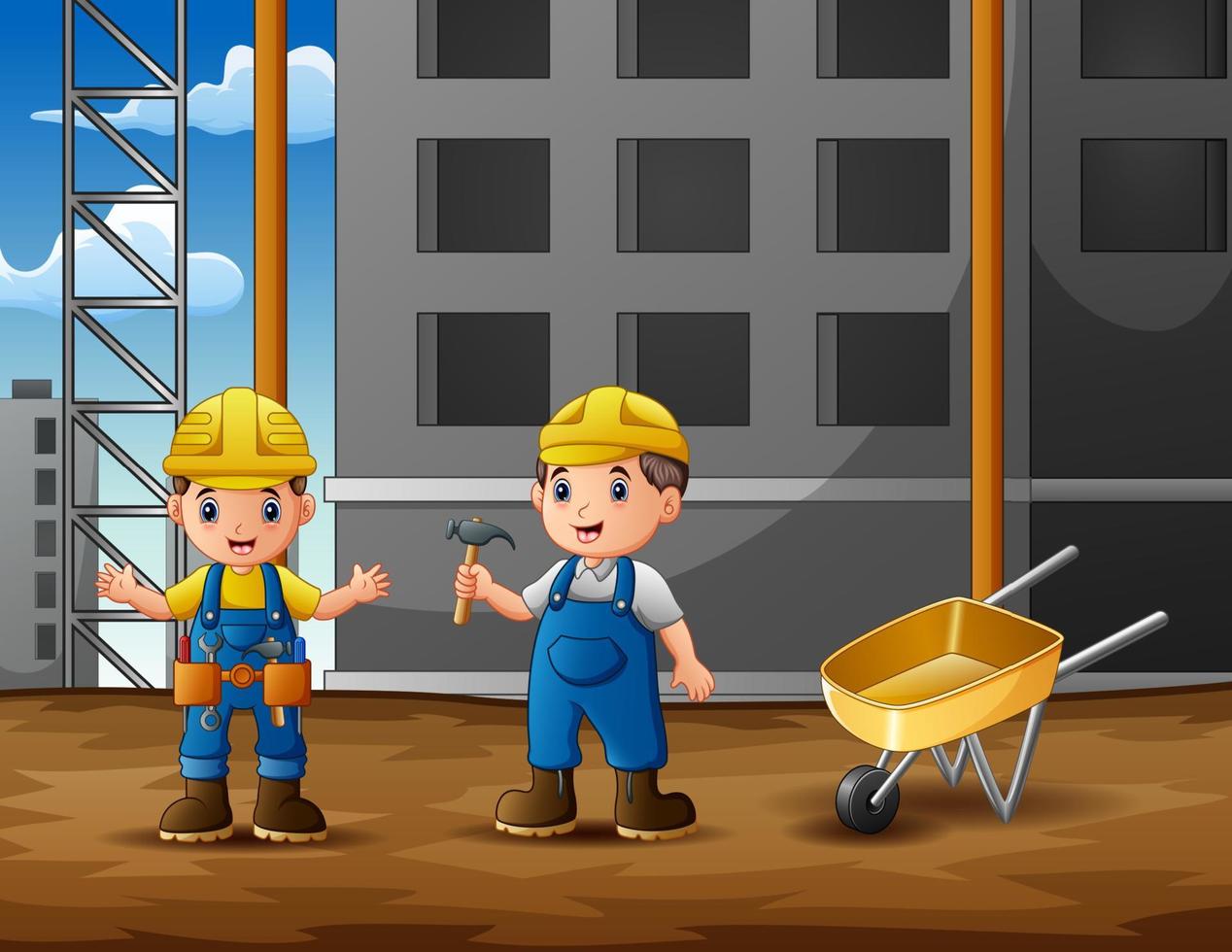 Construction worker discussion with manager at construction site background vector