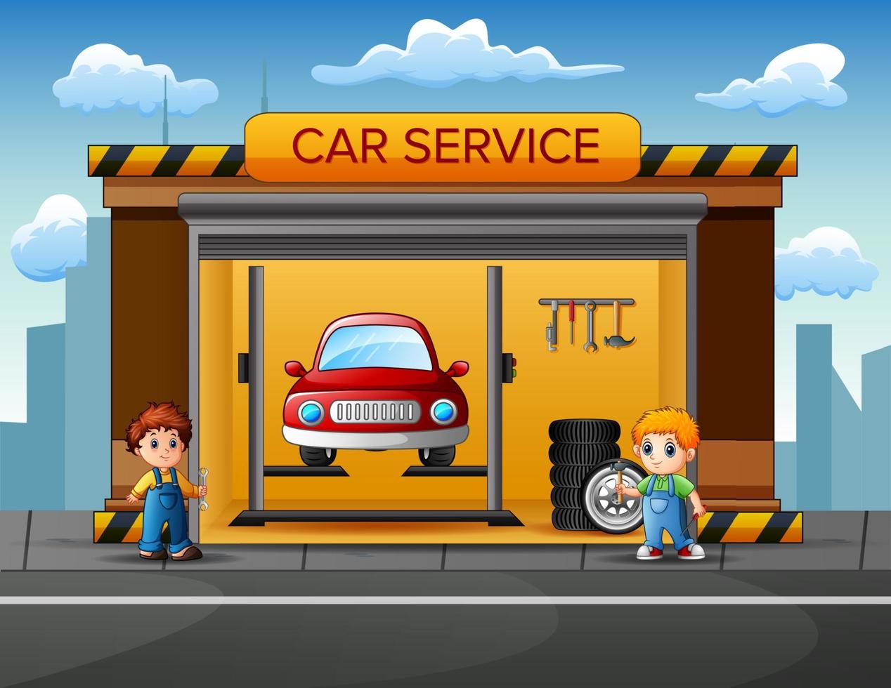 Mechanics want to repairing car in garage vector