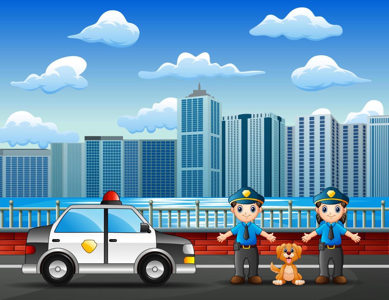 Police officer male and female on the city street vector