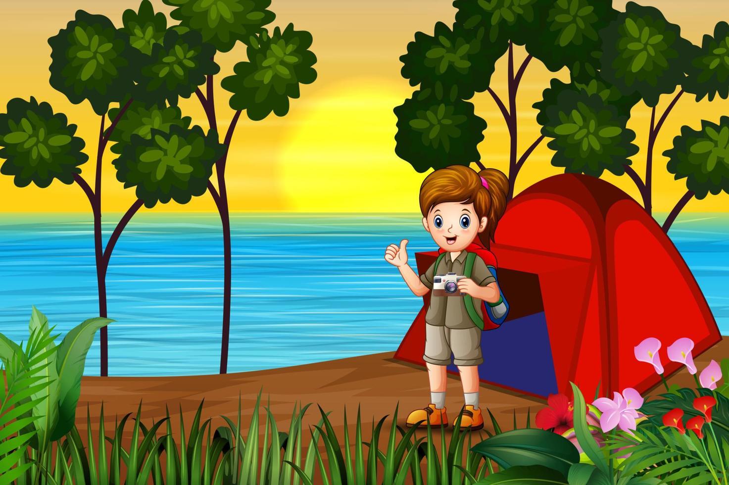 The explorer girl on campsite at sunset landscape vector