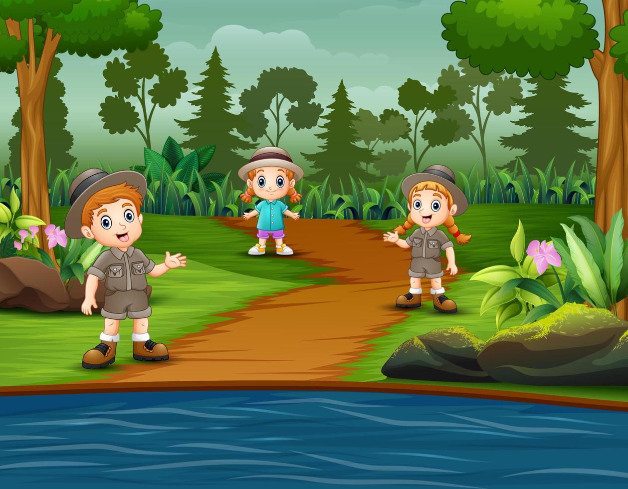 los niños exploradores están explorando el bosque vector