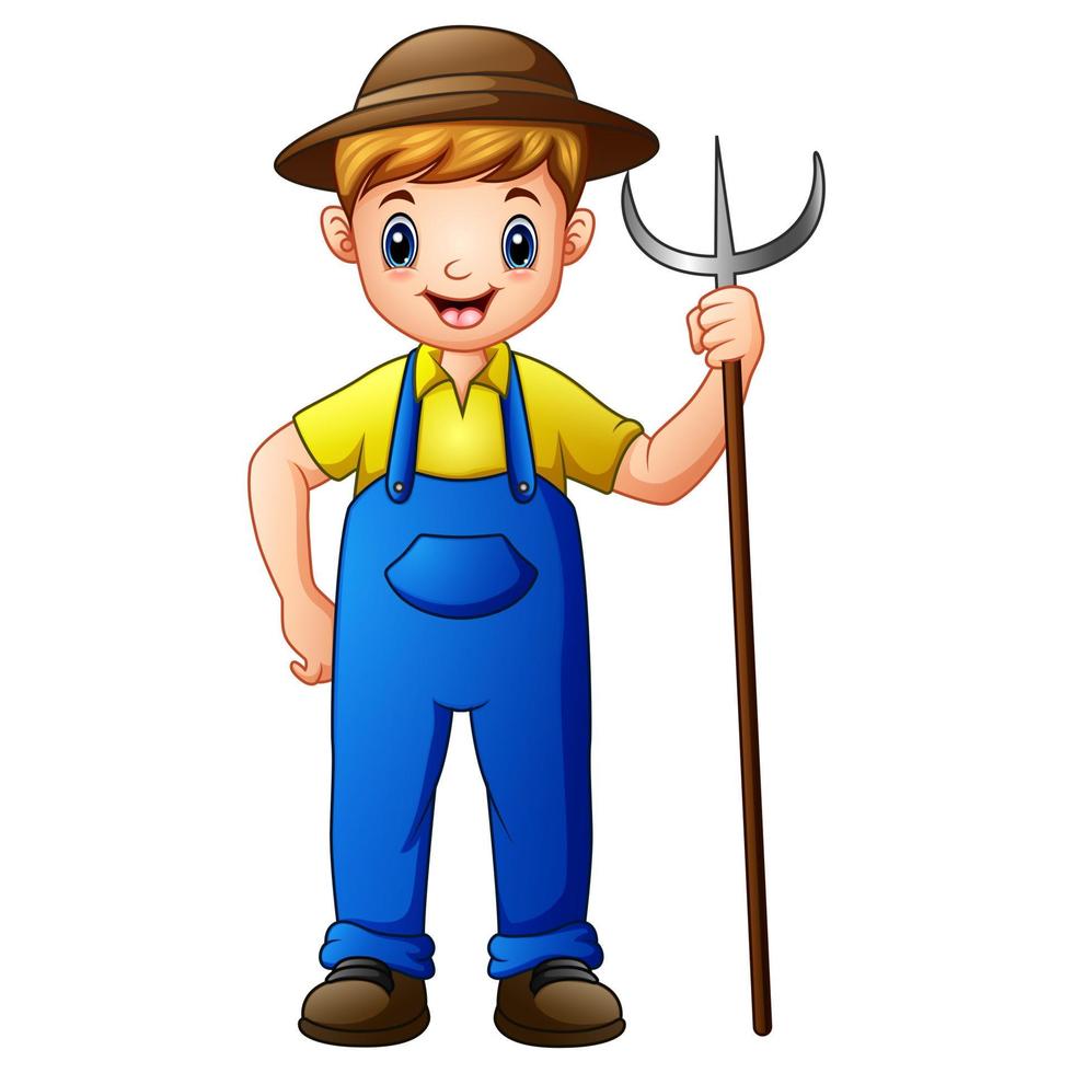 Cute young guy farmer holding pitchfork isolated on white background vector