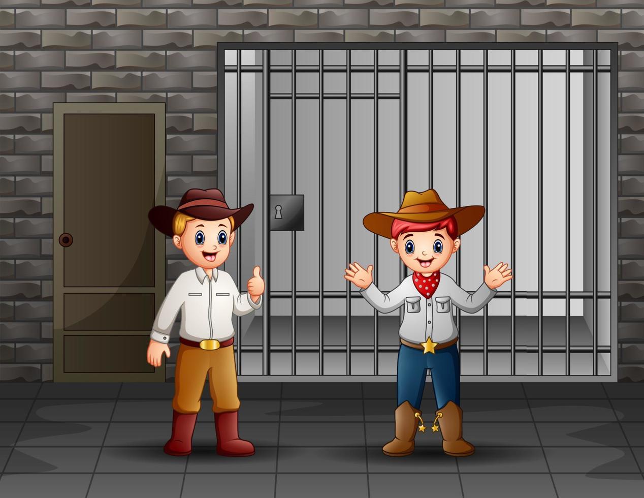 dos hombres custodiando una celda de prisión vector