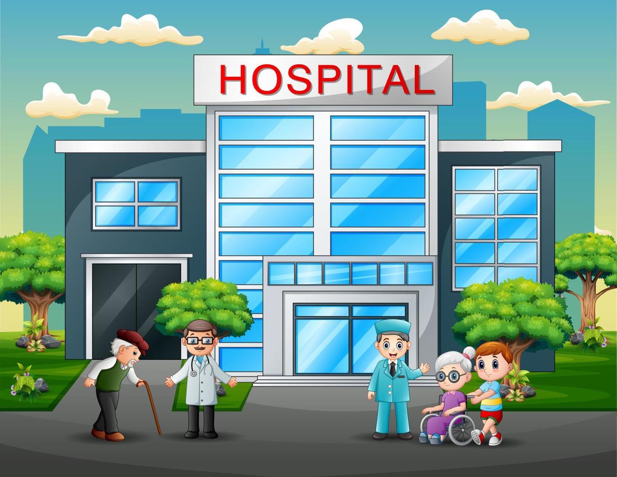Doctors and patients cartoon in front the hospital vector