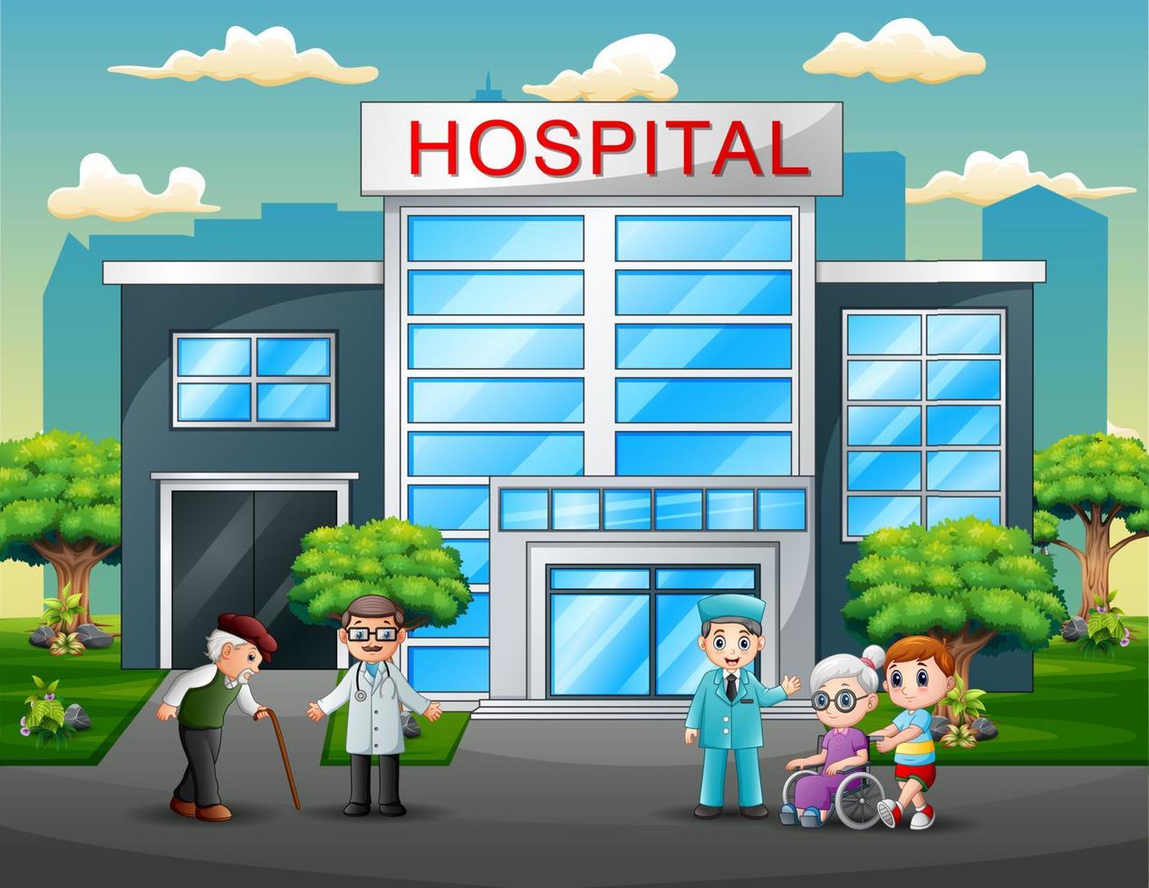 Doctors and patients cartoon in front the hospital vector