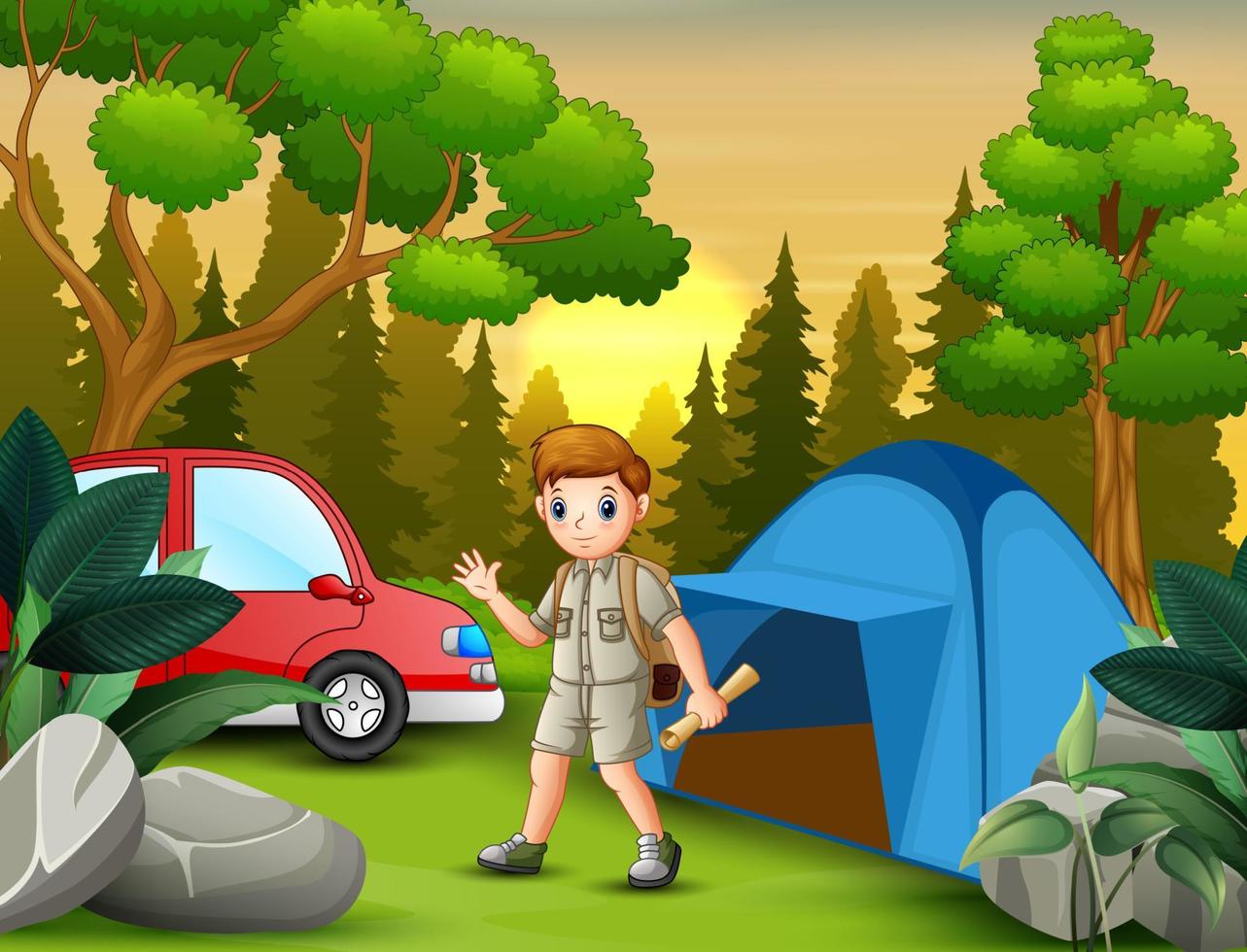 Scout boy holding a maps near the tent vector