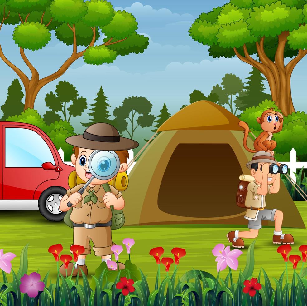 The explorer boys camping in the park background vector