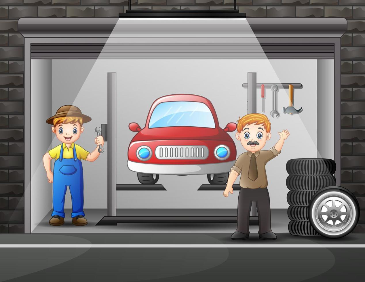 Workshop car repair with elements and worker man vector