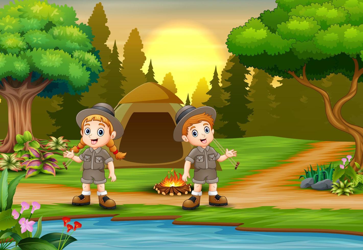 fondo de camping para niños con paisaje al atardecer vector