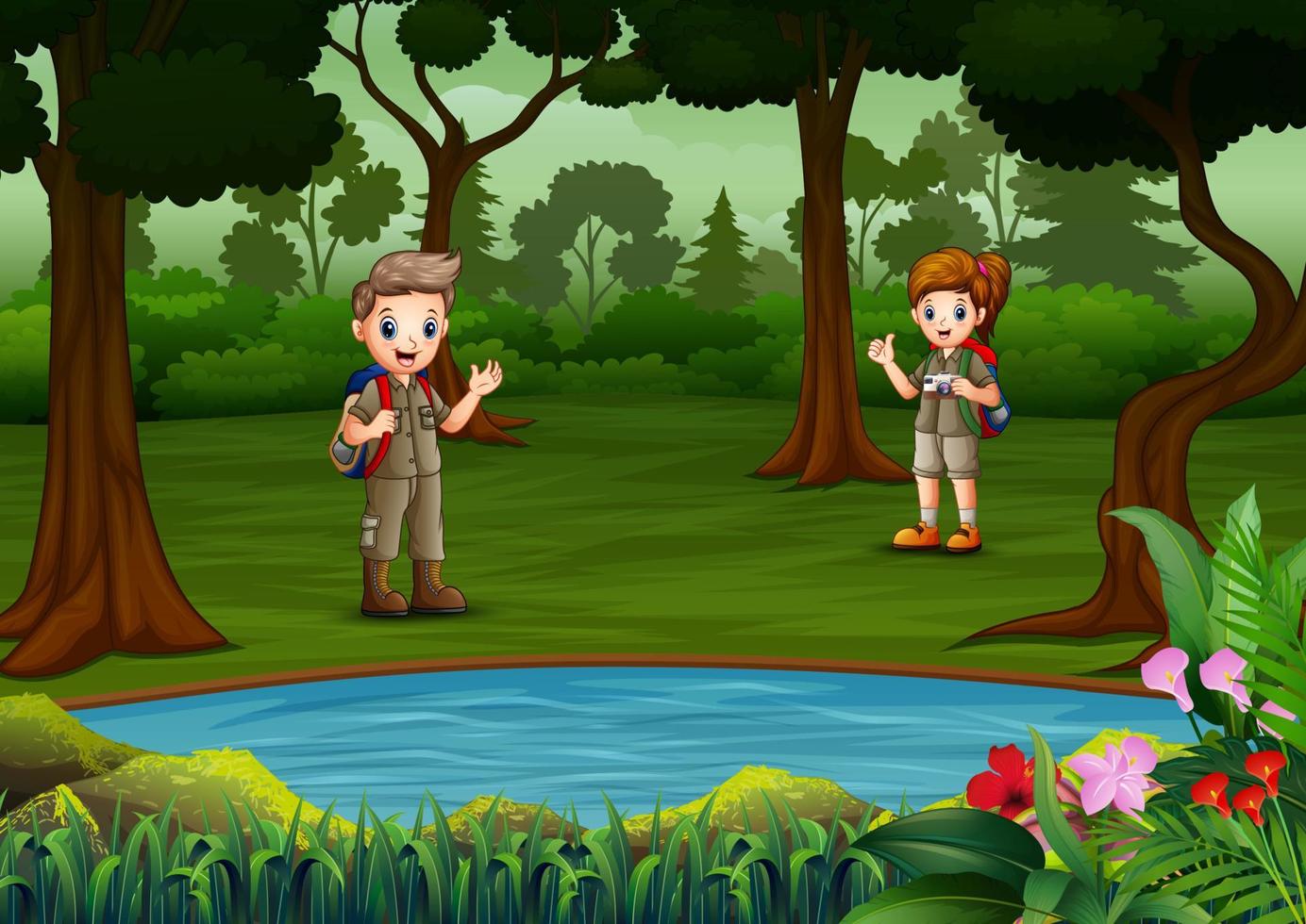 The explorer boy and girl rest by the lake vector