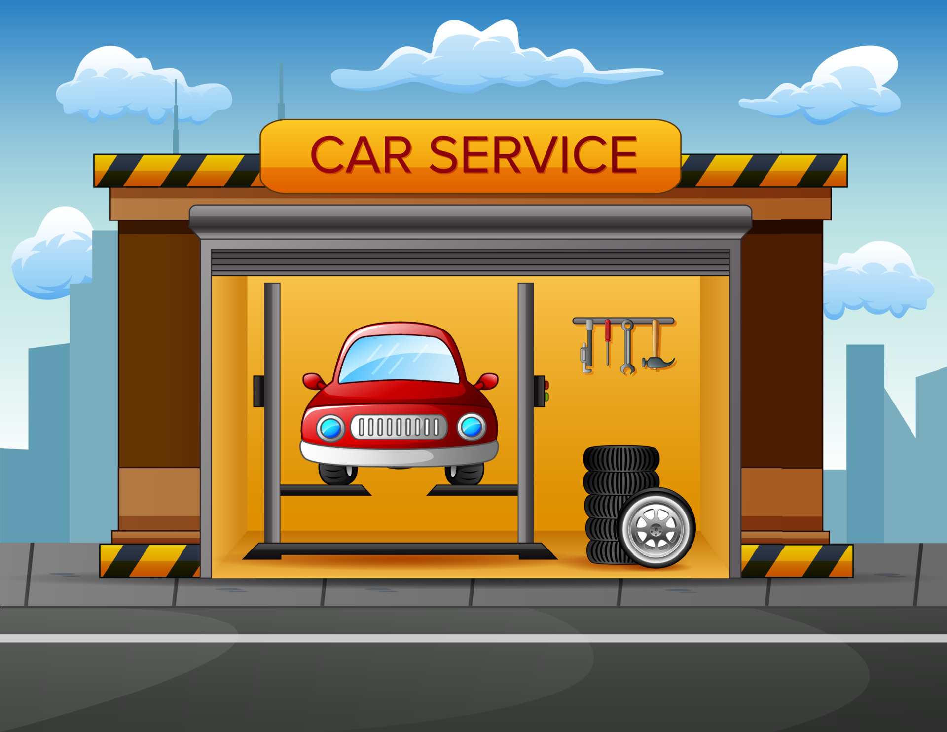 Auto service building background with car inside illustration 5317587  Vector Art at Vecteezy