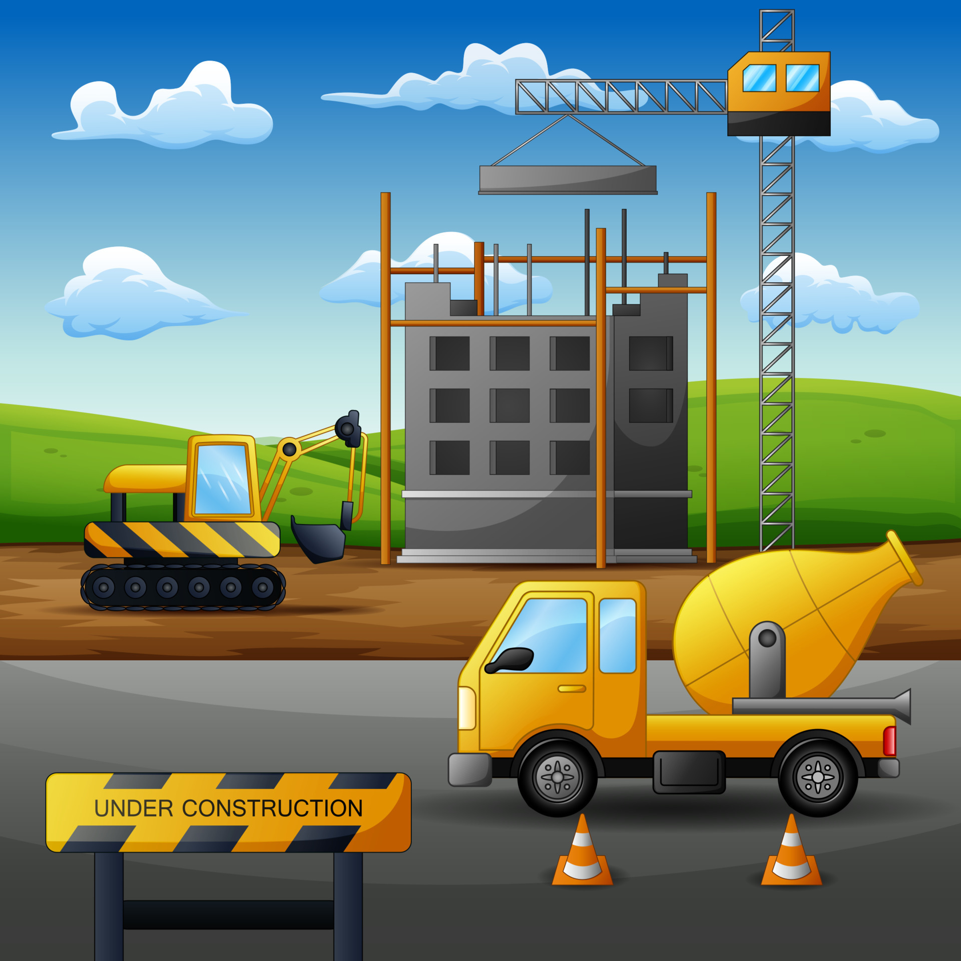 Concept of process construction site with equipment 5317590 Vector Art at  Vecteezy