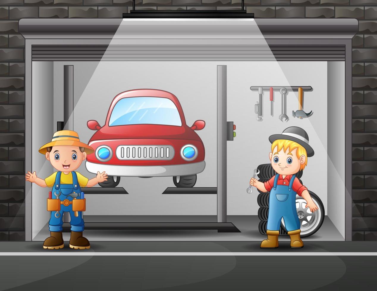 Auto repair shop service workers cartoon indoor vector