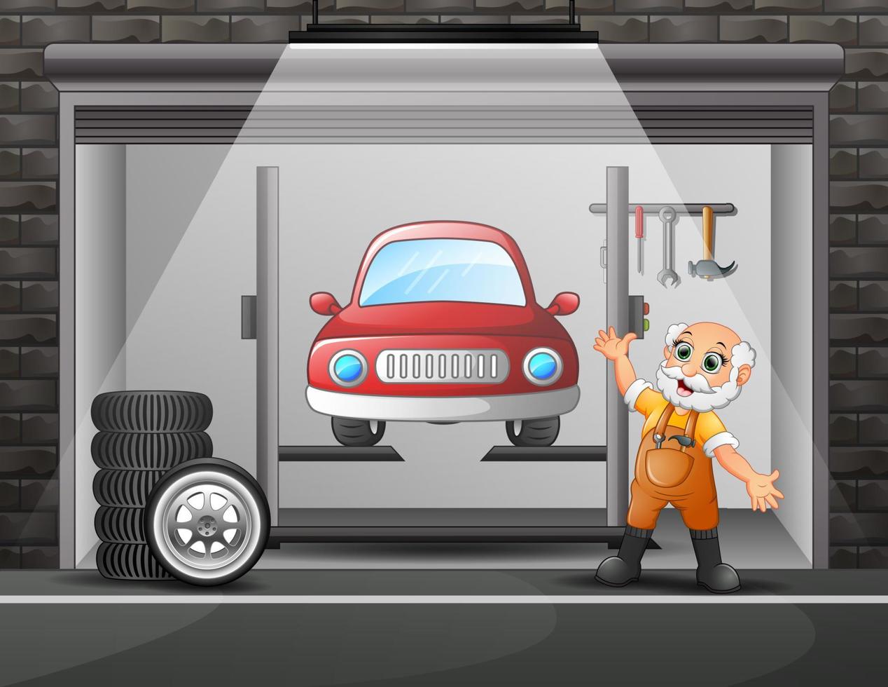 Workshop car repair with elements and old worker vector