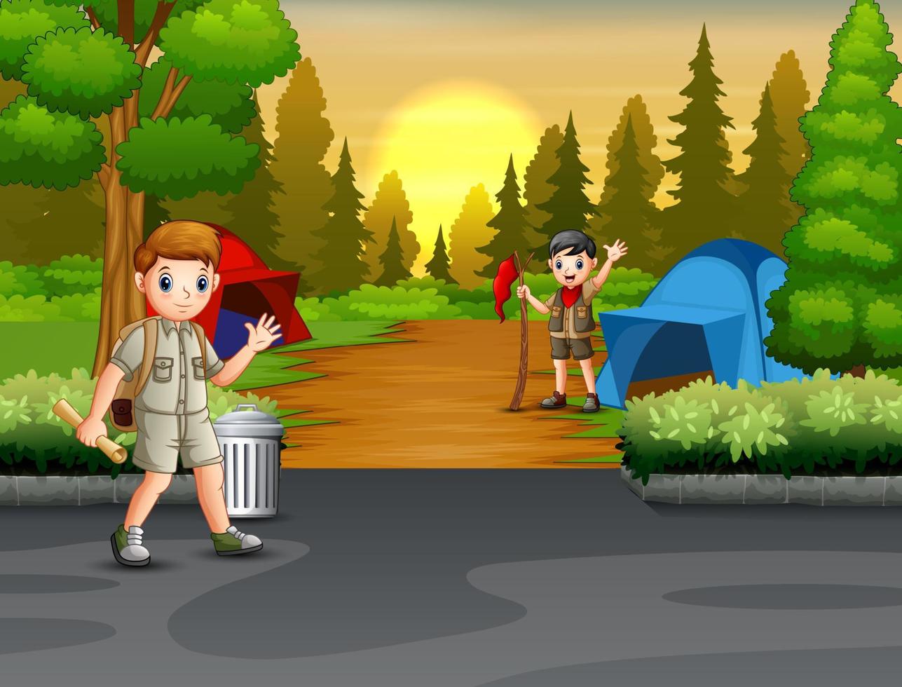 Happy camping the scout in the middle of the forest vector