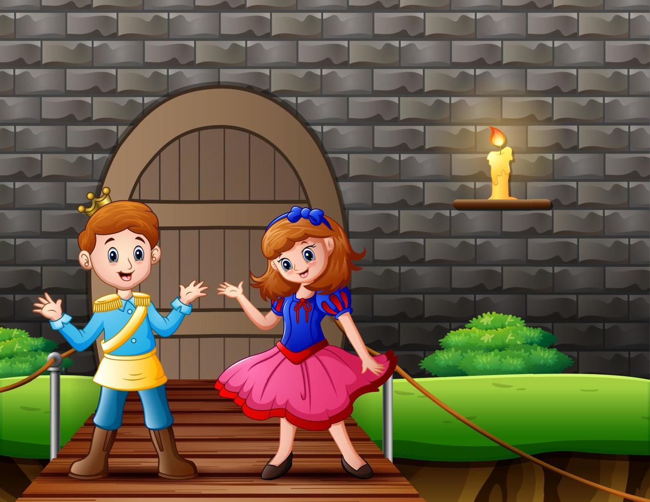 A prince and snow white in front the house vector