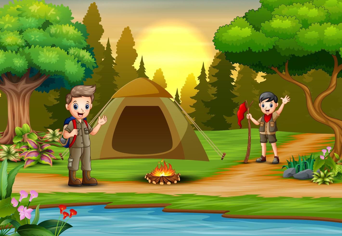 Scout boys on campsite with tent and backpack vector
