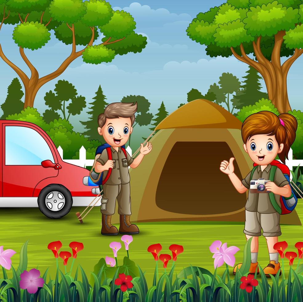 Cartoon kids in explorer outfit camping out in nature vector