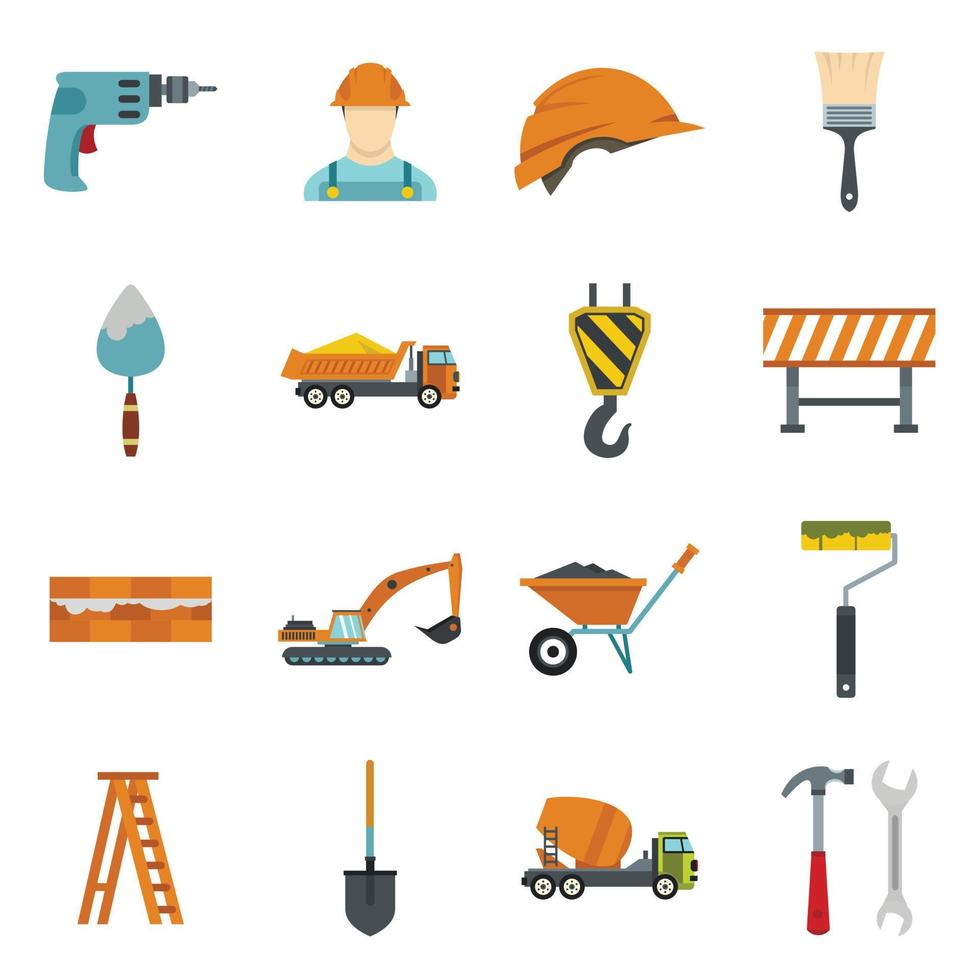 Construction icons set, flat style vector