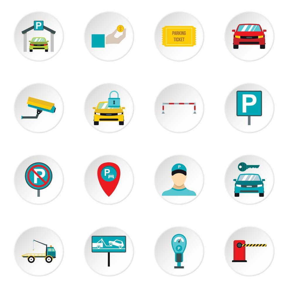 Parking icons set, flat style vector