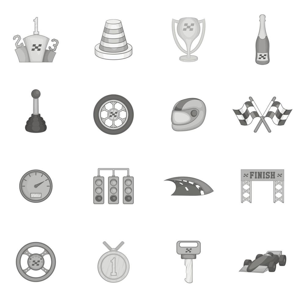 Car racing icons set, black monochrome style vector