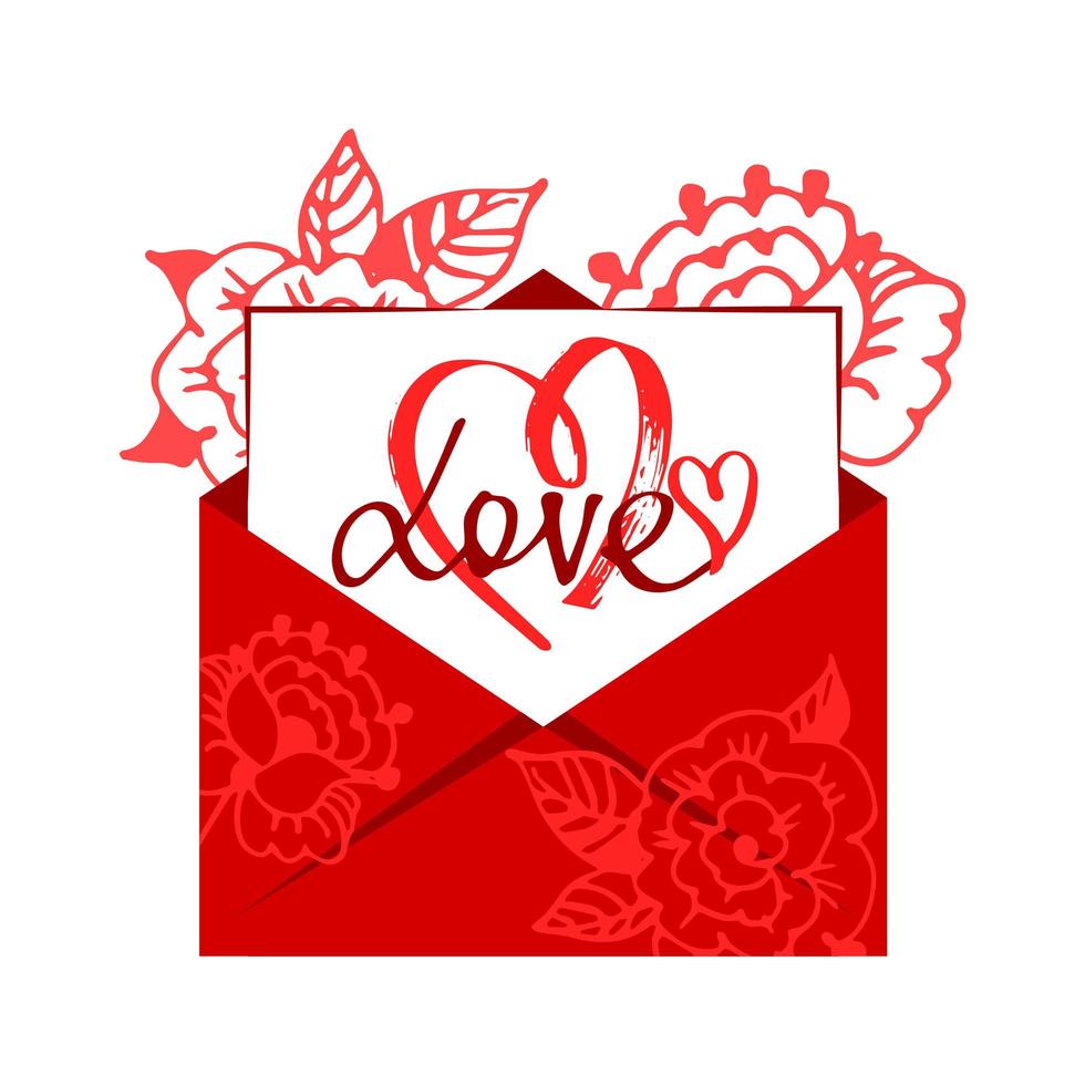 In the red envelope is a card with a heart. Illustration of a love letter. Vector illustration. Flat