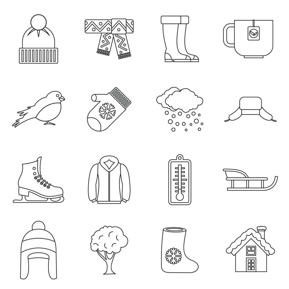 Winter icons set, outline style vector