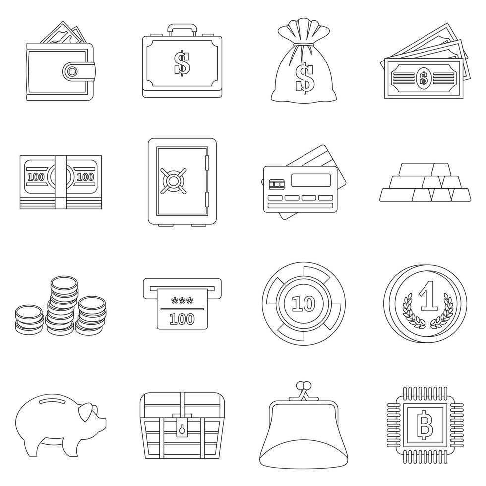 Different money icons set, outline style vector