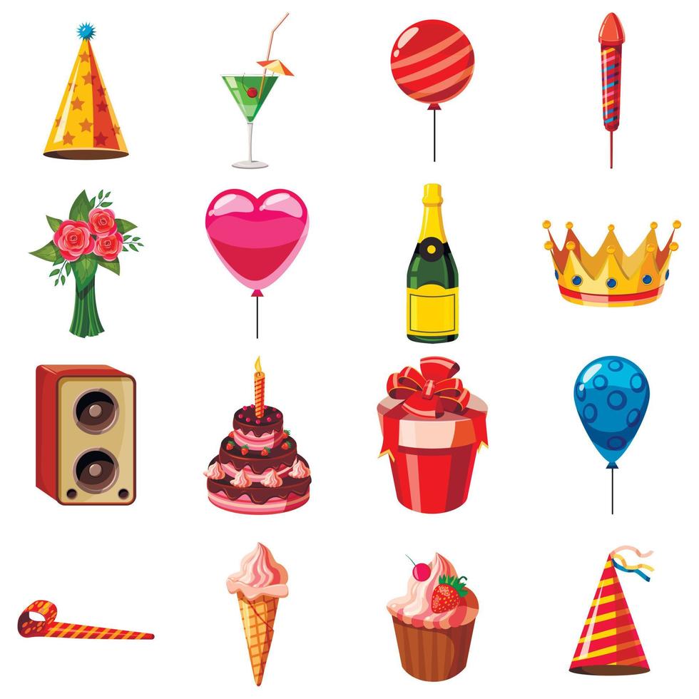 Birthday icons set, cartoon style vector