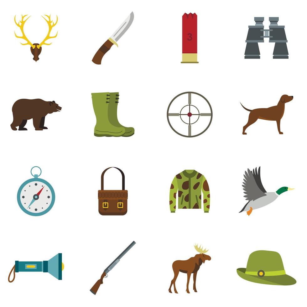 Hunting icons set in flat style vector