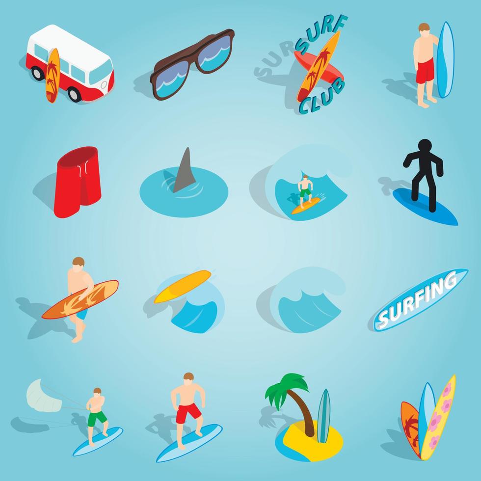 Surfing set icons, isometric 3d style vector