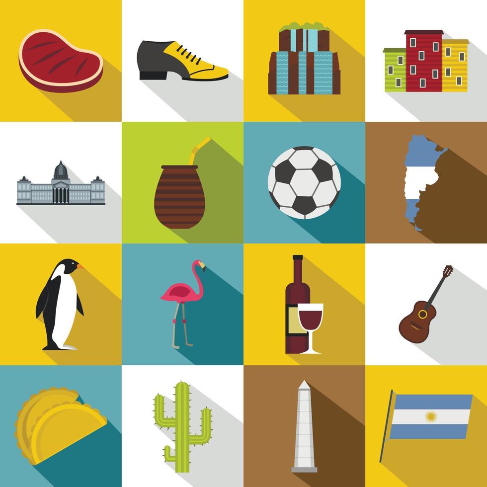 Argentina travel items icons set, flat style vector