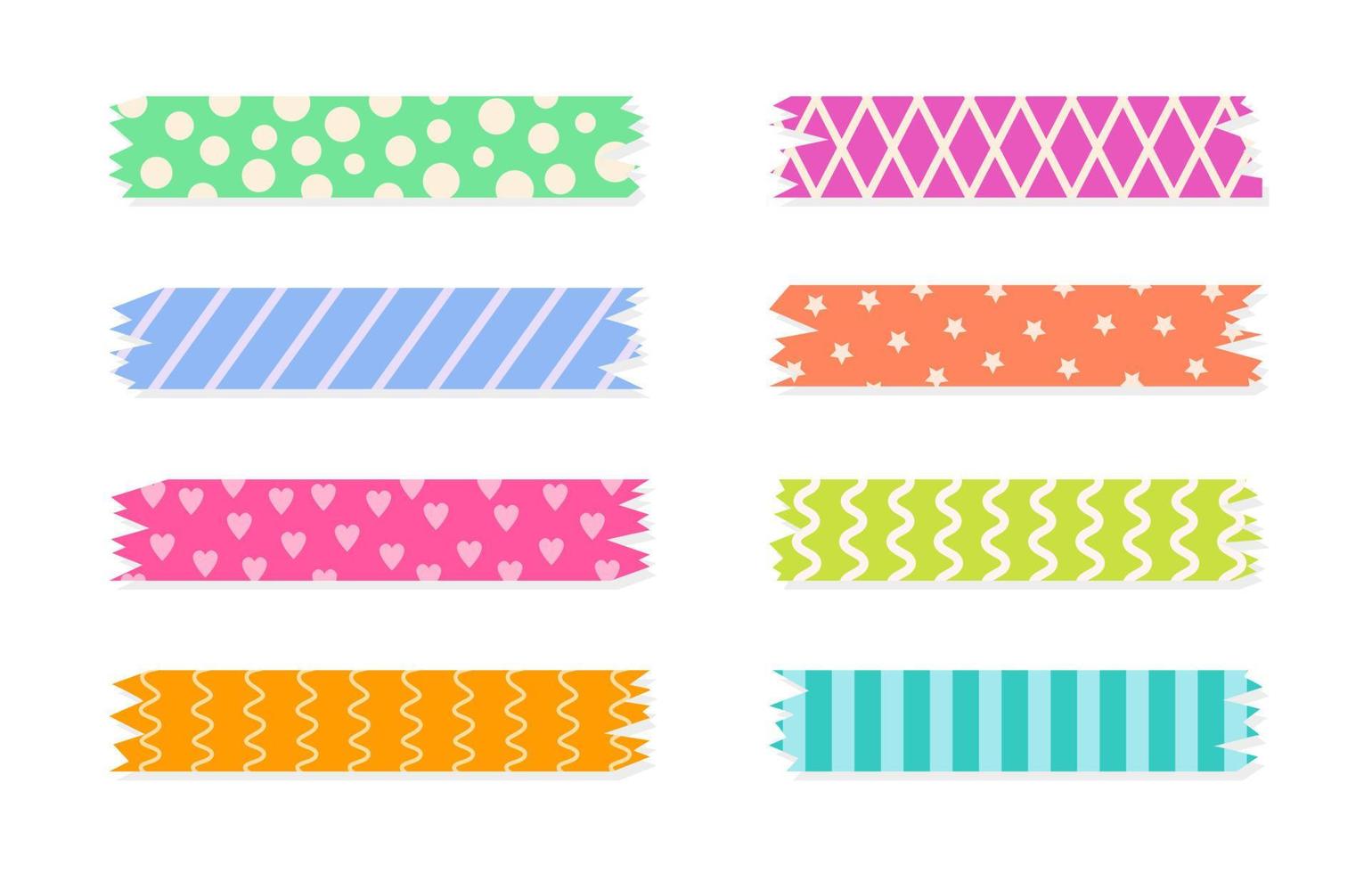 Set of colorful patterned washi tape strips. Cute decorative scotch tape isolated on white background. Vector illustration.