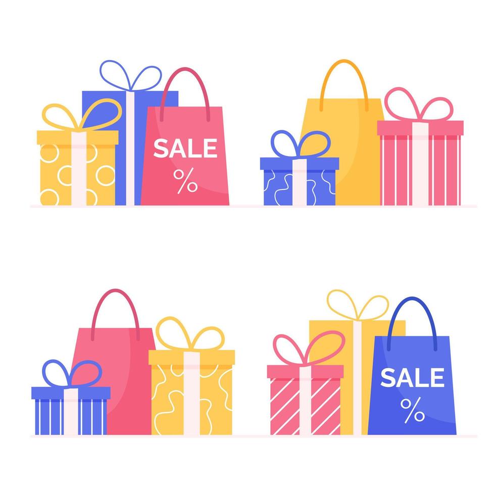 Set of gif boxes and shop bags. Collection of design elements for sale, offer, discount flyer, banner, promotion. Flat vector. vector