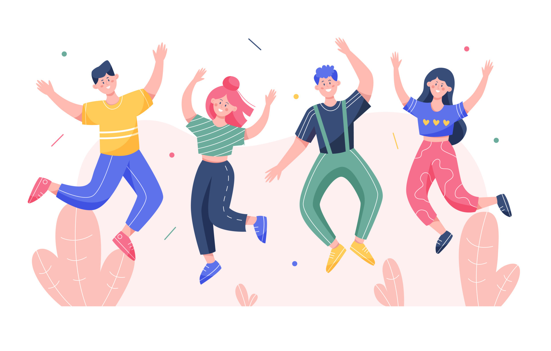 Group of happy jumping people. Concept of happiness, joy, and win. Flat