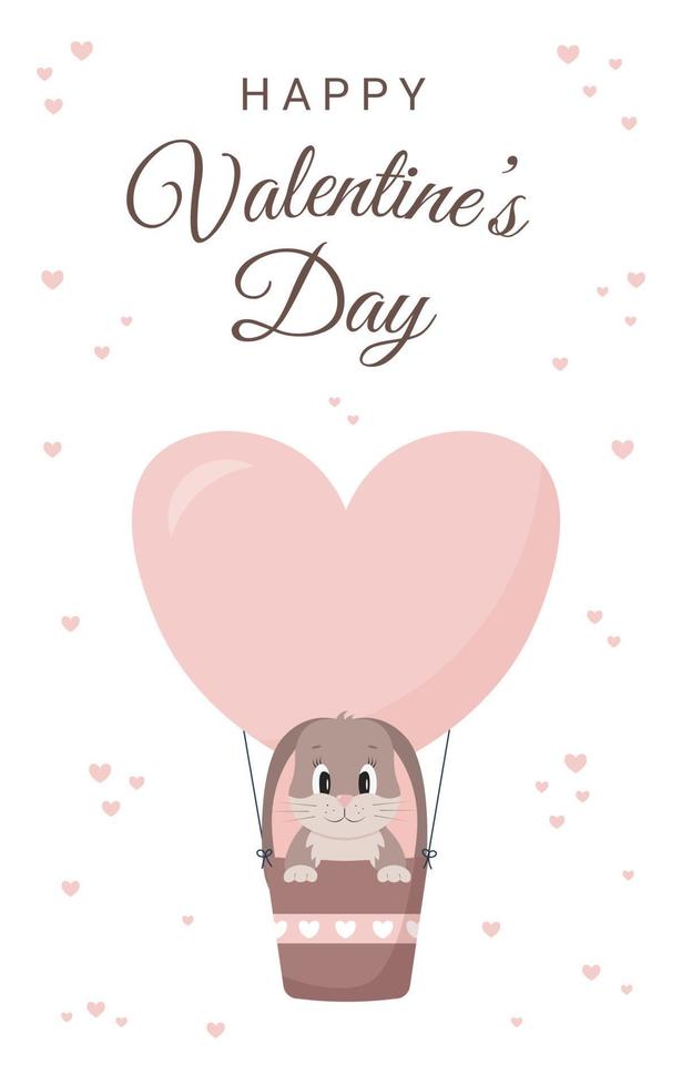 Happy Valentine's day greeting card with cute bunny, hot air balloon, hearts and text. Vector cartoon illustration in flat style