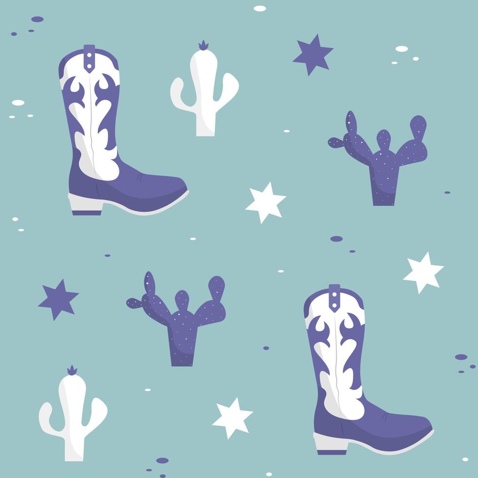 patrón vectorial sin costuras con botas de vaquero, cactus y placa de sheriff sobre fondo turquesa. perfecto para envolver papel, textil, fondos, invitaciones. vector