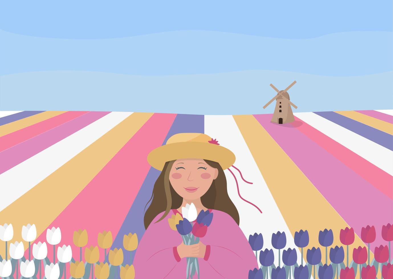 Concept vector illustration with a woman, Dutch tulip fields and a mill. Flat cartoon style.