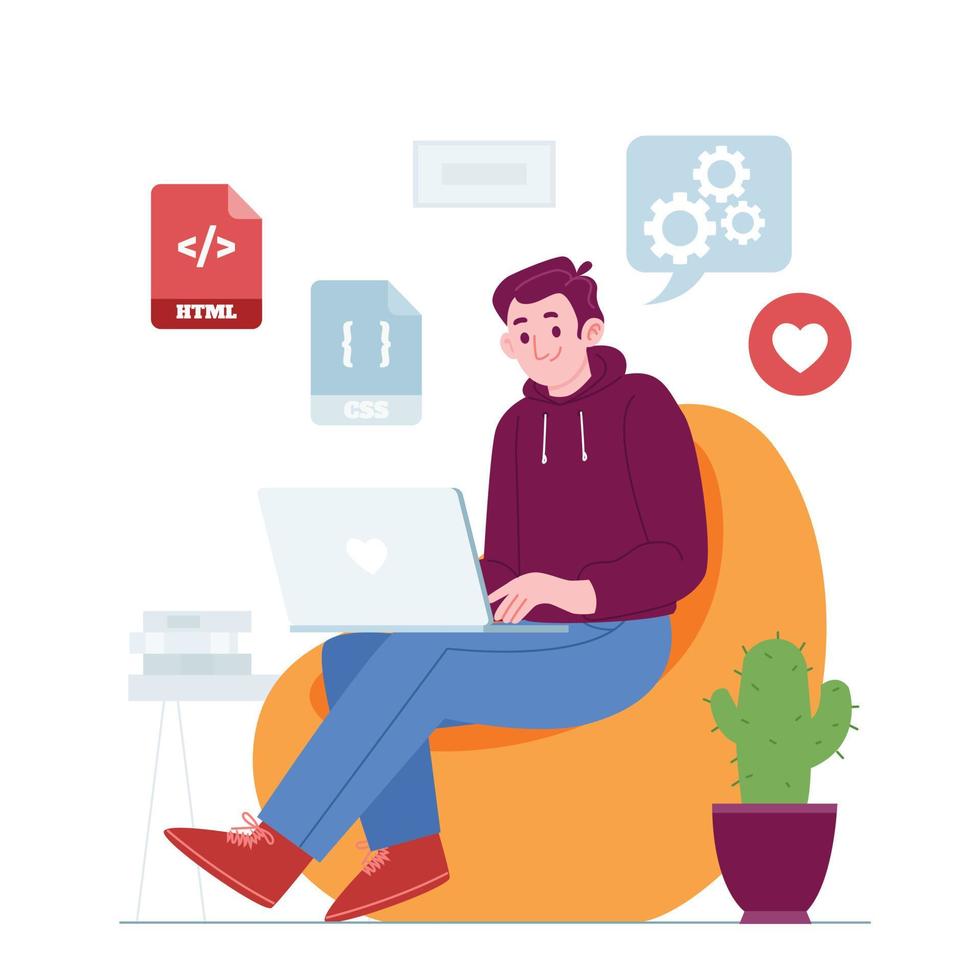 Programming concept vector Illustration idea for landing page template, Application, software coding process, interface development with task algorithm source and executable. Hand drawn Flat Styles